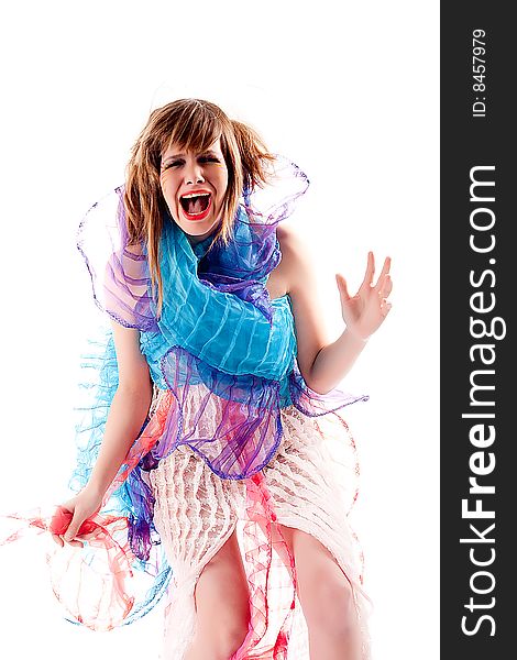 Studio portrait of a teenage girl in specially designed dress screaming. Studio portrait of a teenage girl in specially designed dress screaming