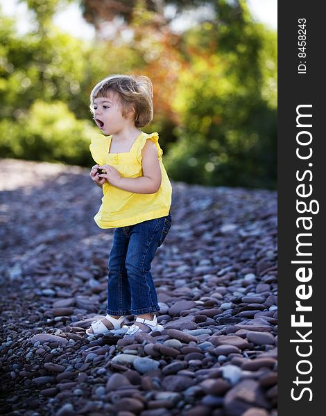 A preschooler happily tossing rocks into a lake.