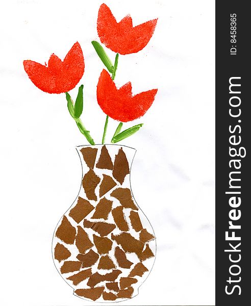 On a white background three red flowers. They stand in a vase. At flowers green leaves.