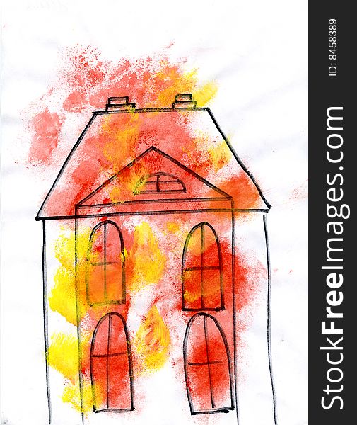 House drawing on a white background. At the house four big windows. In drawing colour stains from a paint.