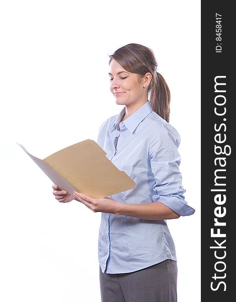 Business woman reading legal documents isolated on white