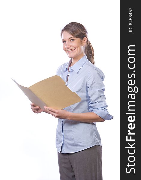 Business woman reading legal documents isolated on white. Business woman reading legal documents isolated on white