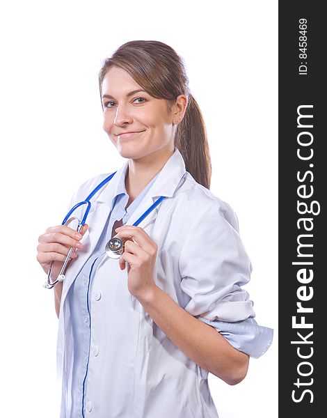 Woman doctor holding stethiscope isolated on white