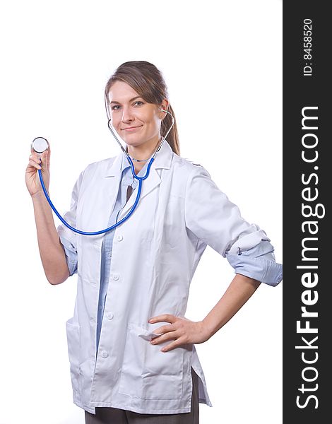 Woman doctor holding stethiscope isolated on white