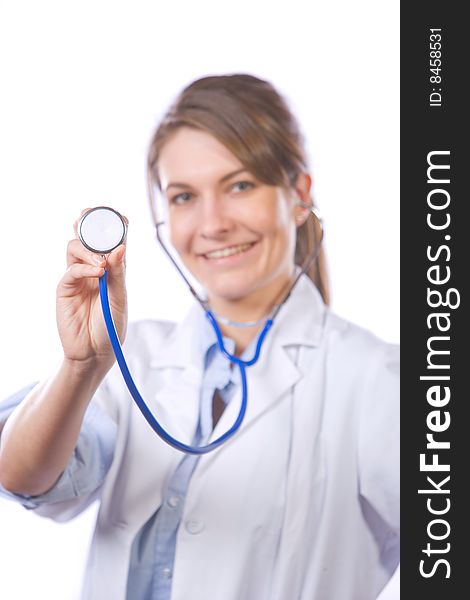 Woman doctor holding stethiscope isolated on white focus on stethoscope