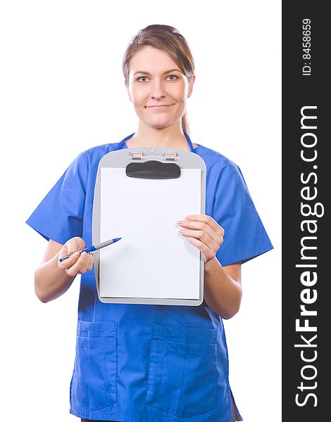 Woman doctor holding chart isolated