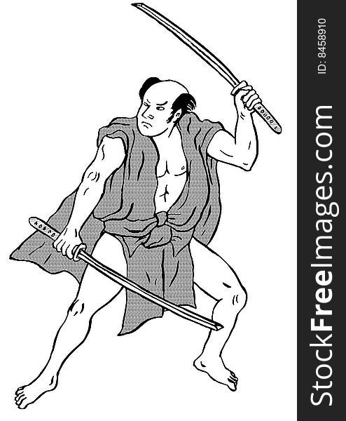 Vector illustration showing a samurai warrior in fighting stance isolated on white