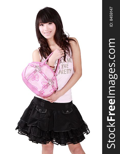 A beautiful Asian girl with pink handbag on white background.