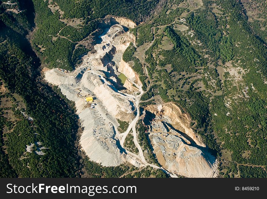 Stone quarry, aerial view.