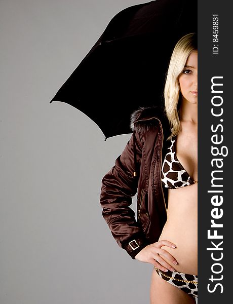 Front view of sexy female carrying umbrella on an isolated background