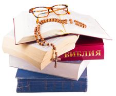 Open Bible With Rosary And Glasses Isolated Stock Photography Open Bible With Rosary And Glasses Isolated Stock Photography