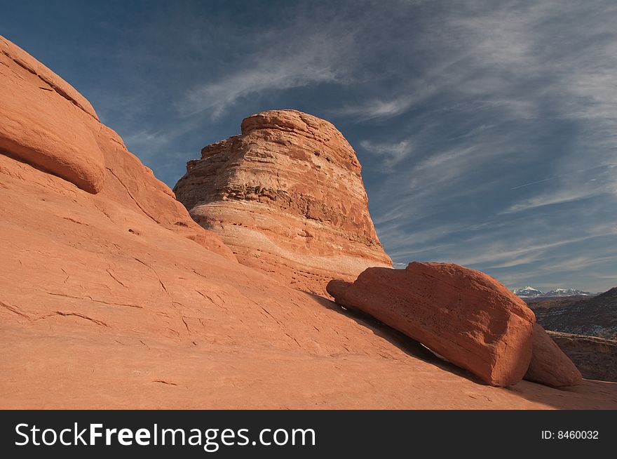 Red rocks in national park under a bright blue sky. Red rocks in national park under a bright blue sky