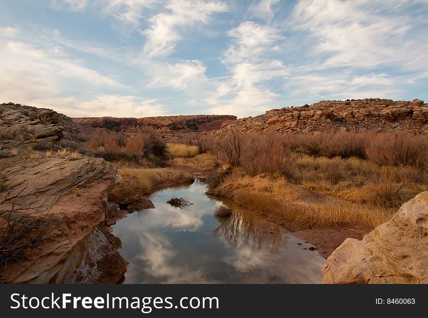 Desert landscape under bright blue sky. Desert landscape under bright blue sky