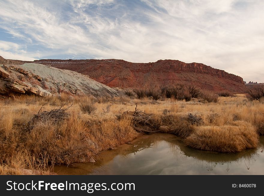 Desert landscape under bright blue sky. Desert landscape under bright blue sky