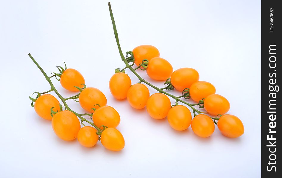 Two strings Vine tomatoes on a white background. Two strings Vine tomatoes on a white background