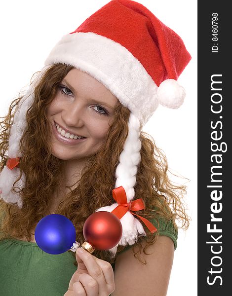 Christmas, red haired teenager with decoration, Christmas tree ball and Christmas hood