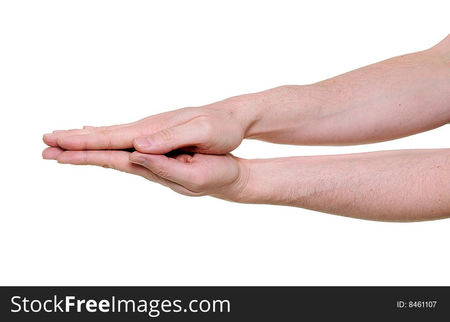 Two palms pressed together isolated on white background