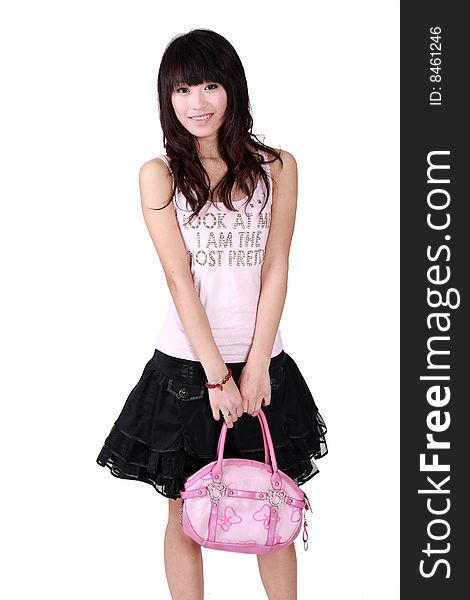 A Chinese fashion girl holds a handbag on white background.
