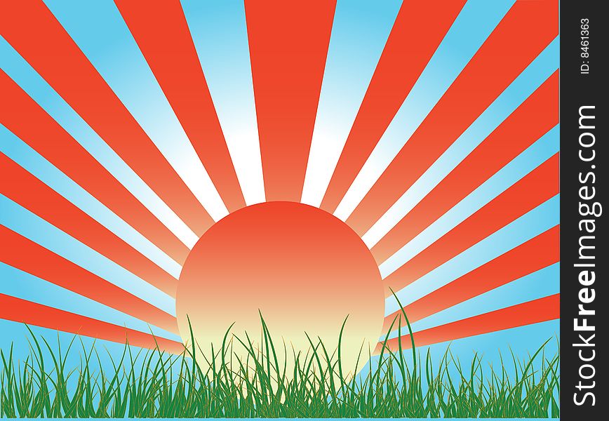 Illustration of isolated sunset with cool grass