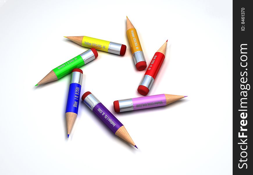 Color pencils forming circle in rainbow order with RGB color values. Color pencils forming circle in rainbow order with RGB color values