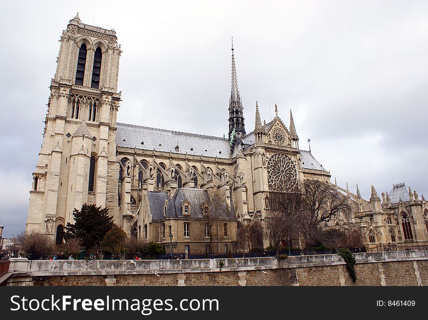 Notre dame de Paris cathedral side view during winter