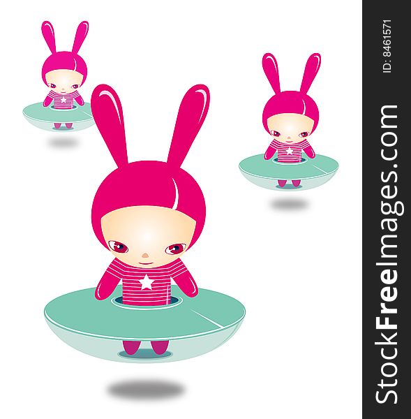 Red fairy bunny children standing on the spacecraft in