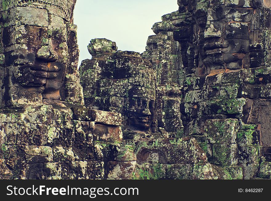 Inside view of  Angkor Wat (Bayon Temple).

The Bayon (Khmer language, Prasat bayon) is a well-known and richly decorated Khmer temple at Angkor in Cambodia. Built in the late 12th century or early 13th century as the official state temple of the Mahayana Buddhist King Jayavarman VII, the Bayon stands at the centre of Jayavarman's capital, Angkor Thom.