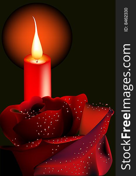 Candle and red rose on a black background