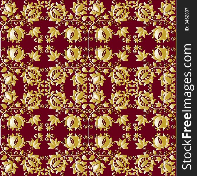 Wallpaper with gold flowers on red background