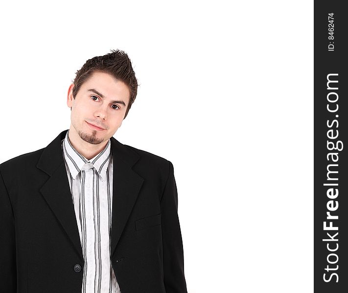 Man in black suit on white background with copy space. Man in black suit on white background with copy space