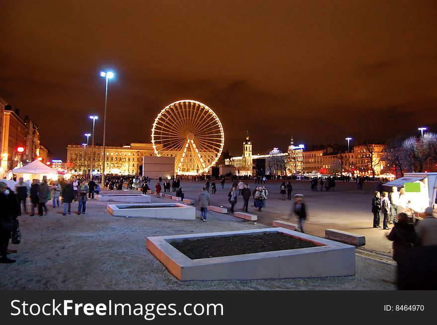 Bellecour by night with the big wheel. Bellecour by night with the big wheel