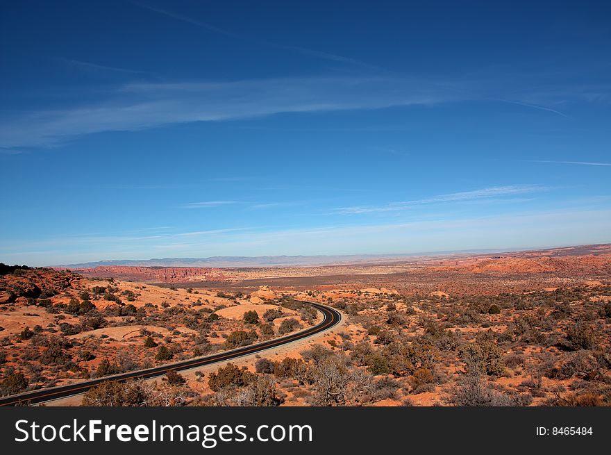 Desert panorama with a road curve in the Arches National Park, Utah (USA). Desert panorama with a road curve in the Arches National Park, Utah (USA)