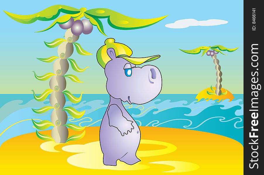 Vector illustration. Hippopotamus on the beach.