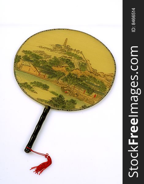 Chinese Round Fan with Traditional Village Painting. Chinese Round Fan with Traditional Village Painting