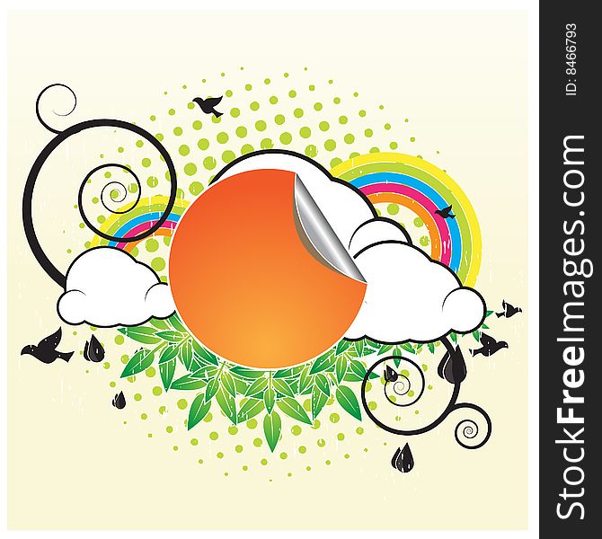 Retro Banner With Clouds and birds flying around with rainbows in background