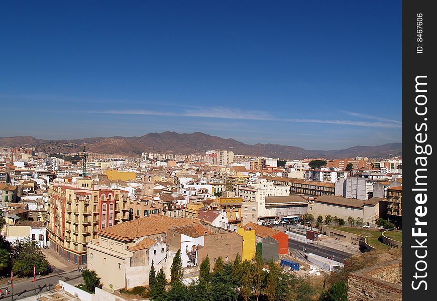 Panoramic view of Malaga Spain. Landscape. General view or scene of Malaga city. Tourists attraction in Andalusia. Spain