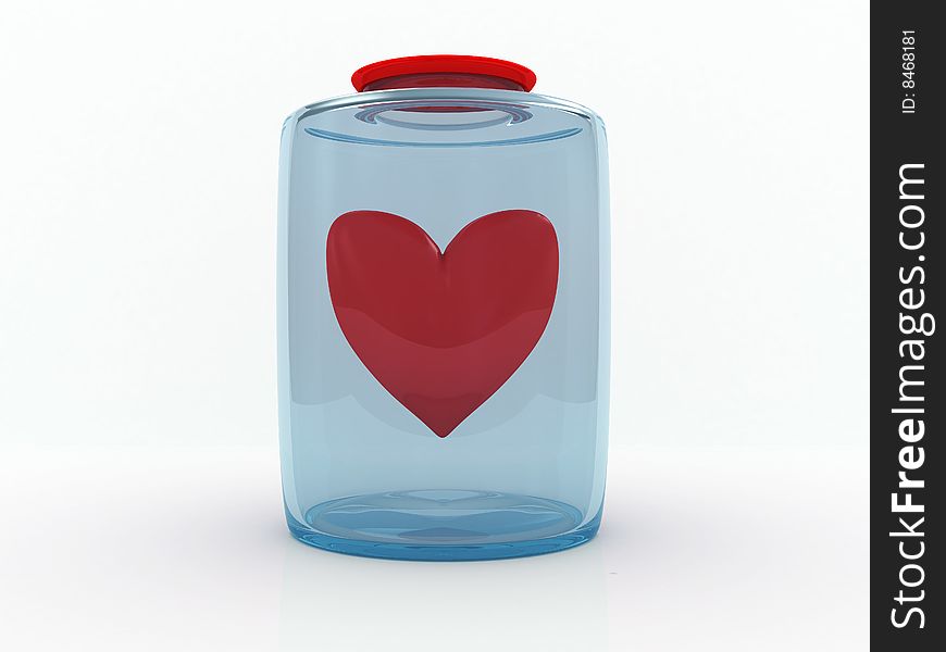 3d illustration of heart in the bottle, over white background. 3d illustration of heart in the bottle, over white background