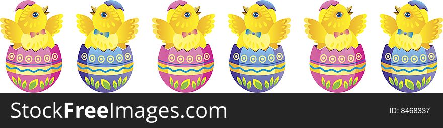 Easter chickens in blue and pink eggs. Easter chickens in blue and pink eggs