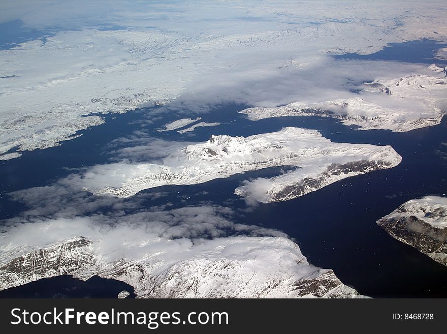 Ice and lakes in greenland aerial view