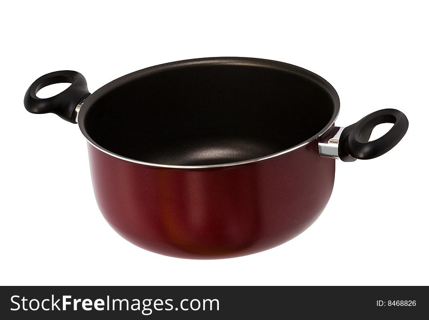 Modern red saucepan on a white background