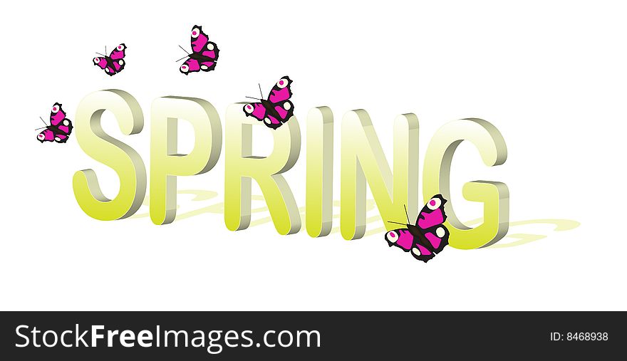 Spring - written in green letters - with butterflies. Spring - written in green letters - with butterflies