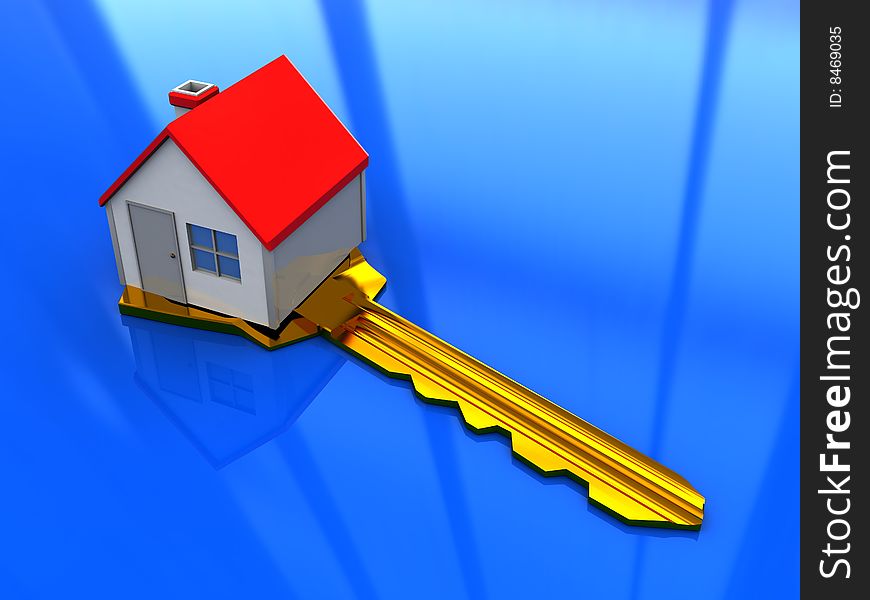 Abstract 3d illustration of house on golden key, blue background. Abstract 3d illustration of house on golden key, blue background