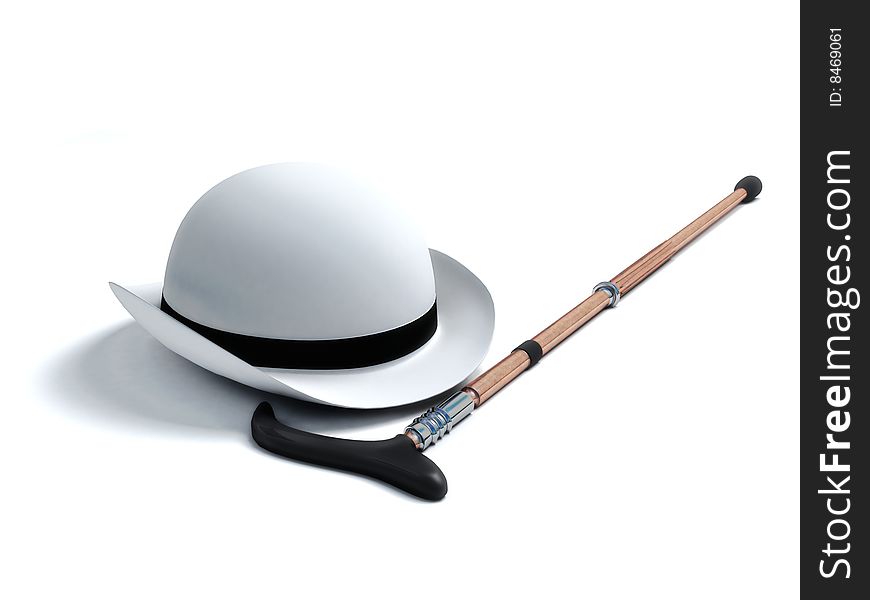 White derby hat and walking stick on white background