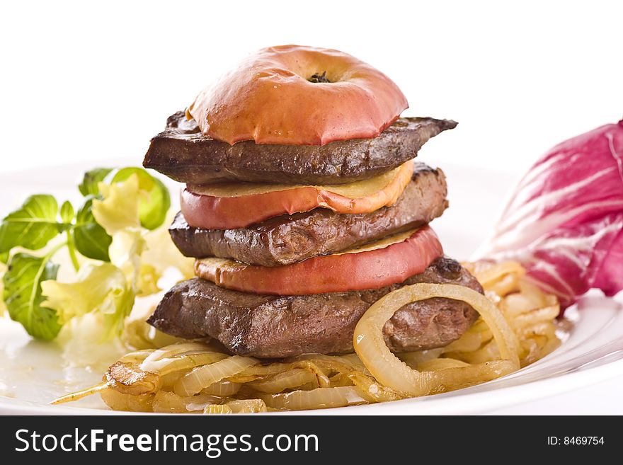 Fried beef liver with onion, apple and Salad