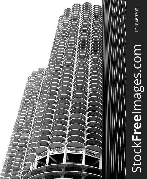 Modern skyscraper against a clear sky. Black and white image.