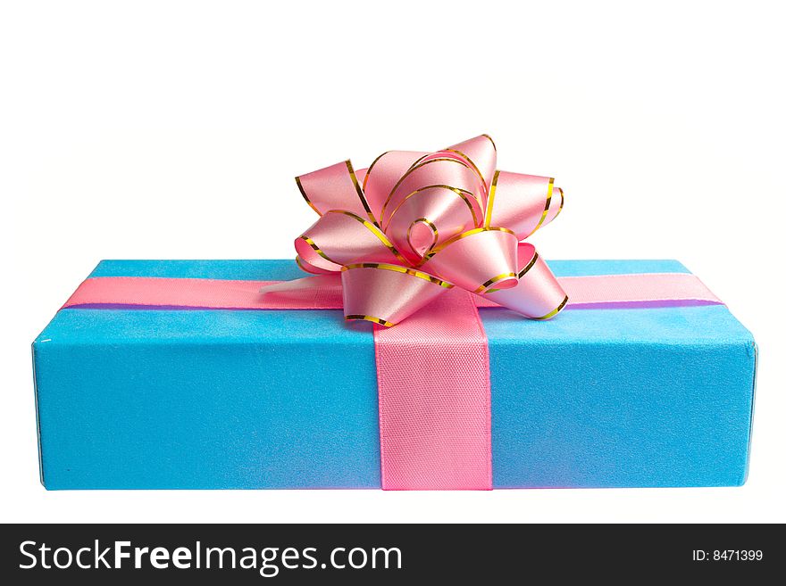 Blue box with a gift and a bow, is tied up by a tape isolated on white