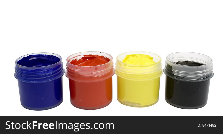 Jars with gouache cmyk colors isolated on white with clipping pach