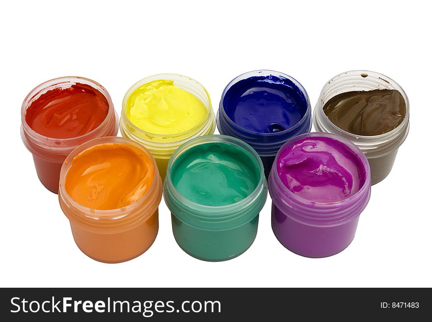 Jars with colored gouache isolated on white with clipping pach