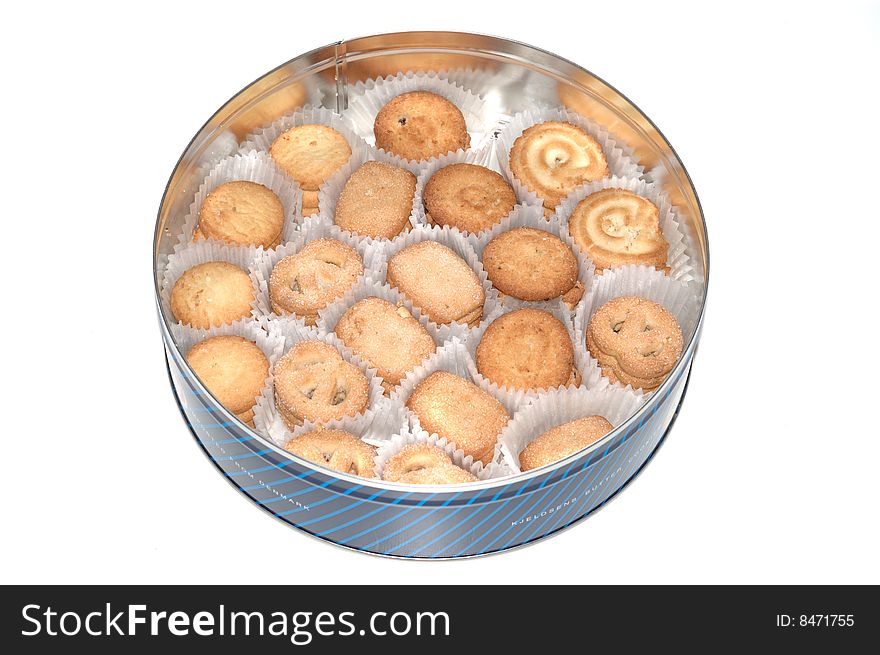 It is difference shape Denmark butter cookies in the case. isolated