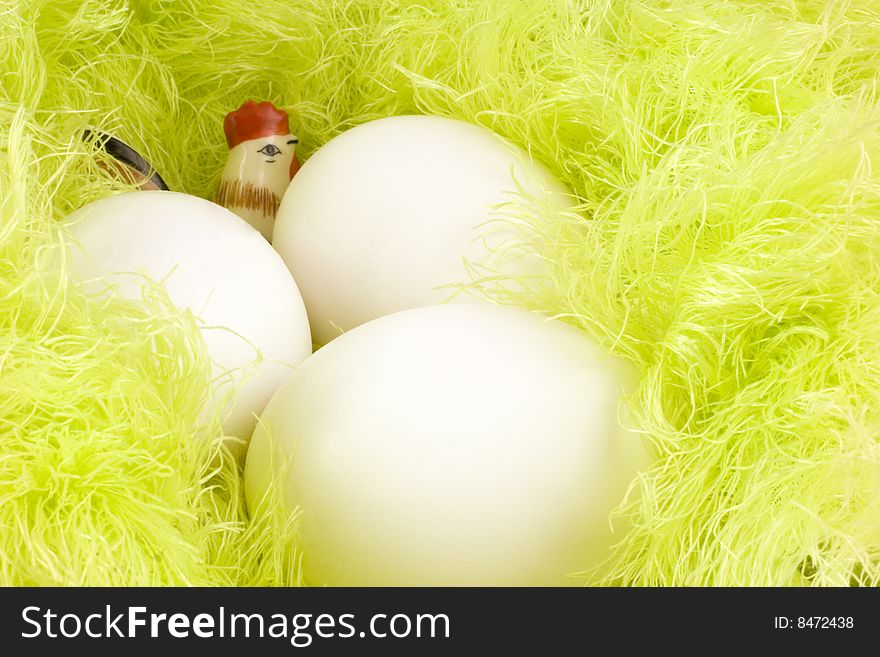 White eggs on a greenish fluffy background